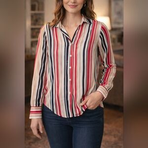 Vintage Dressbarn Sheer Multi Color Striped Button Down Women's Petite Medium